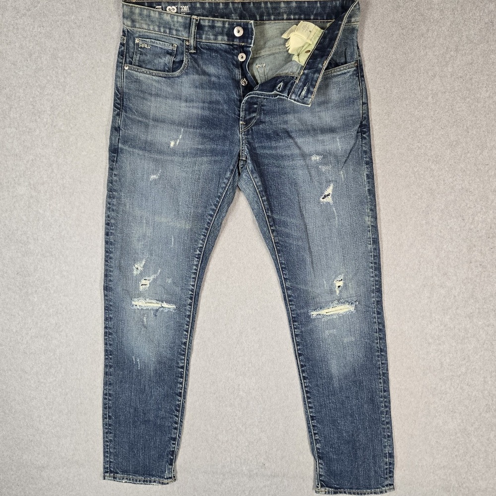 G-Star RAW Men Jeans 34X32 Blue Denim 3301 Slim Distressed 31" Inseam Button Fly